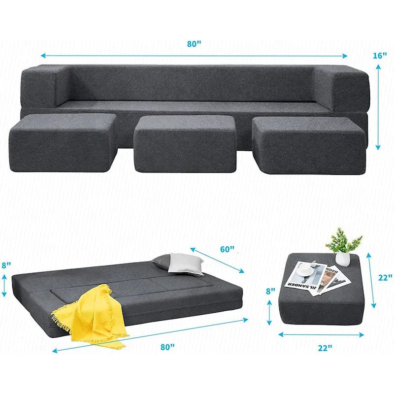 Mixoy Queen Convertible Velvet Futon Sofa Bed with 3 Ottomans,Memory Foam,Foldable Mattress Floor Couch Sofa