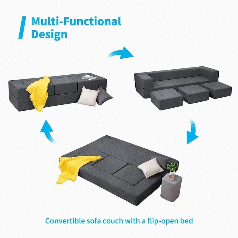 Mixoy Queen Convertible Velvet Futon Sofa Bed with 3 Ottomans,Memory Foam,Foldable Mattress Floor Couch Sofa