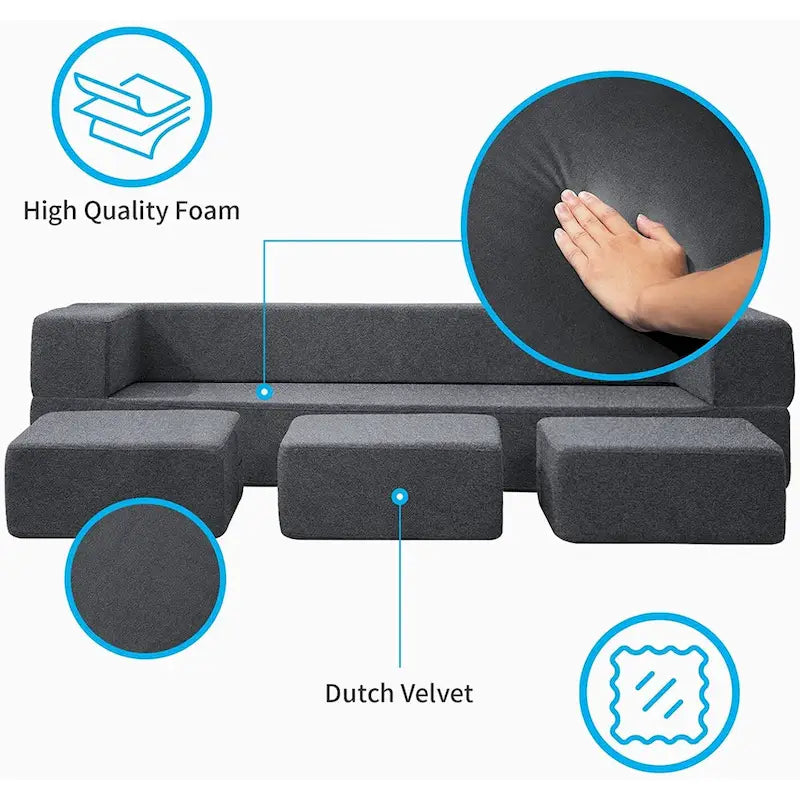 Mixoy Queen Convertible Velvet Futon Sofa Bed with 3 Ottomans,Memory Foam,Foldable Mattress Floor Couch Sofa
