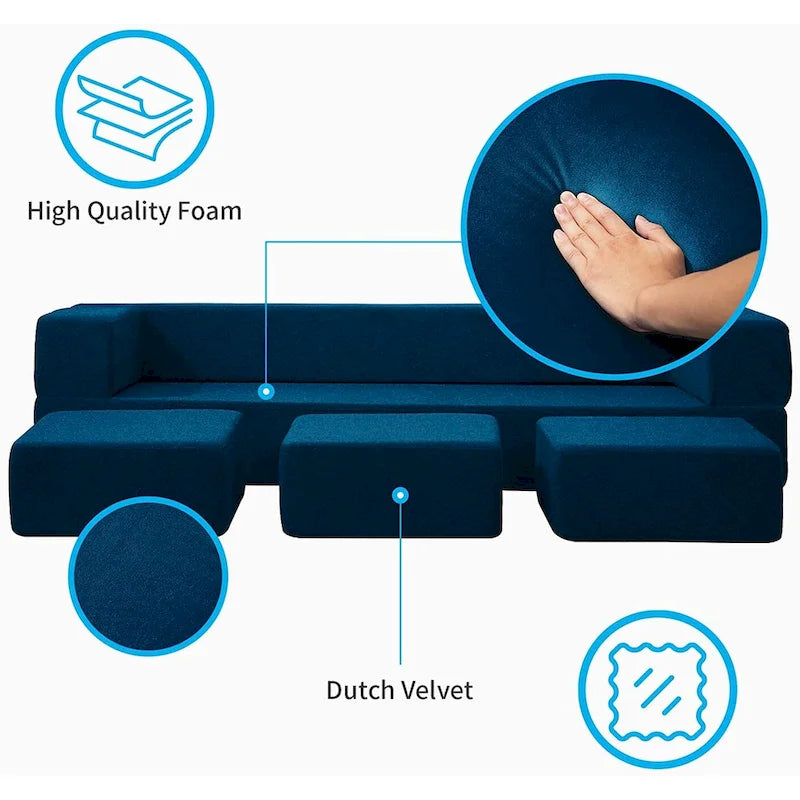 Mixoy Queen Convertible Velvet Futon Sofa Bed with 3 Ottomans,Memory Foam,Foldable Mattress Floor Couch Sofa