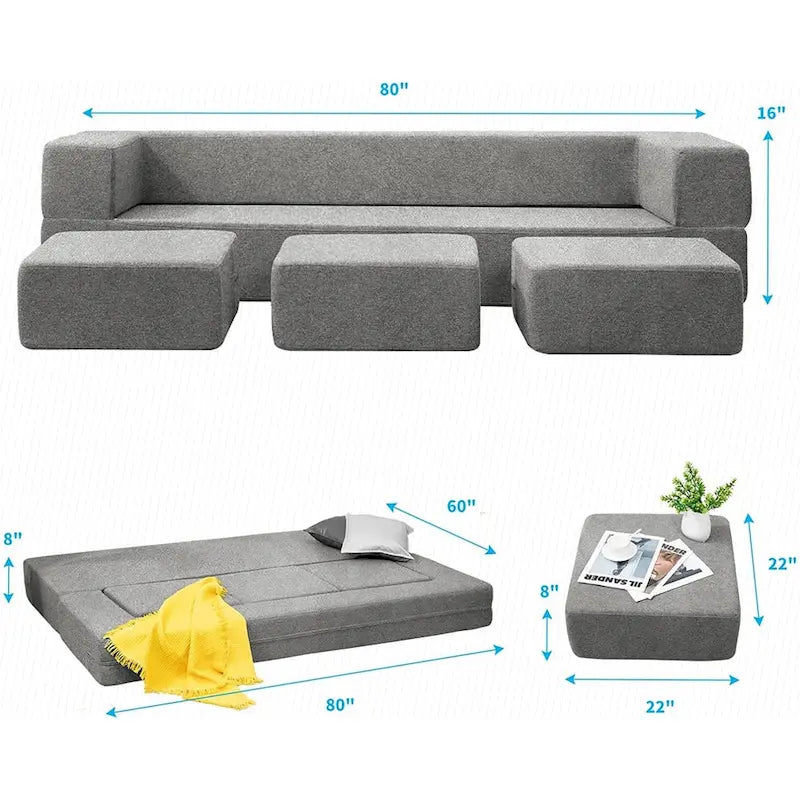 Mixoy Queen Convertible Velvet Futon Sofa Bed with 3 Ottomans,Memory Foam,Foldable Mattress Floor Couch Sofa