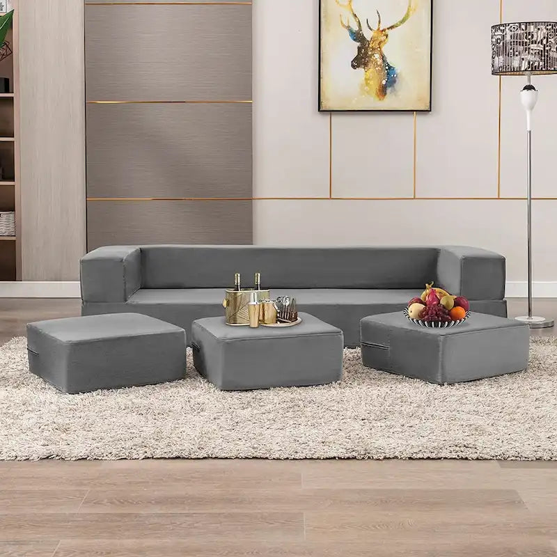 Mixoy Queen Convertible Velvet Futon Sofa Bed with 3 Ottomans,Memory Foam,Foldable Mattress Floor Couch Sofa