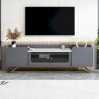 TV Stand with Fluted Glass, Entertainment Center for TVs Up to 70, Faux Marble Top TV Console Table with Gold Frame Base
