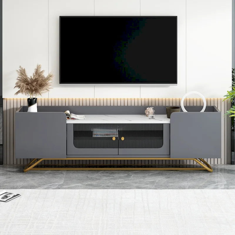 TV Stand with Fluted Glass, Entertainment Center for TVs Up to 70, Faux Marble Top TV Console Table with Gold Frame Base