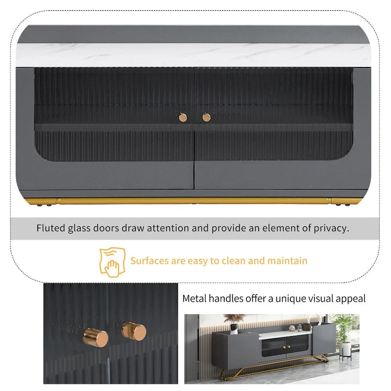 TV Stand with Fluted Glass, Entertainment Center for TVs Up to 70, Faux Marble Top TV Console Table with Gold Frame Base