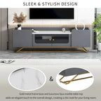 TV Stand with Fluted Glass, Entertainment Center for TVs Up to 70, Faux Marble Top TV Console Table with Gold Frame Base