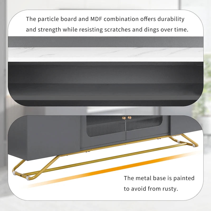 TV Stand with Fluted Glass, Entertainment Center for TVs Up to 70, Faux Marble Top TV Console Table with Gold Frame Base