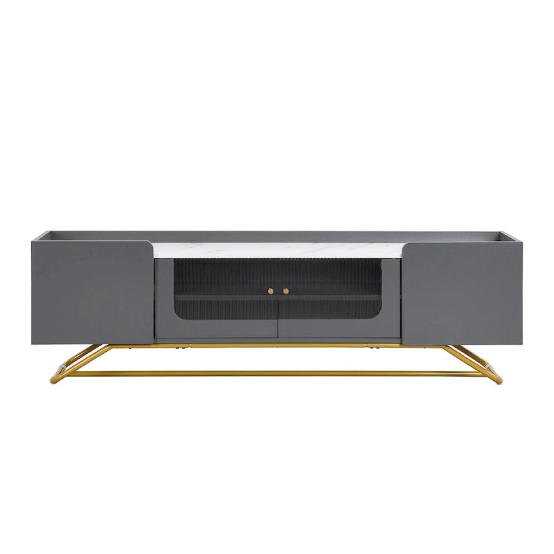 TV Stand with Fluted Glass, Entertainment Center for TVs Up to 70, Faux Marble Top TV Console Table with Gold Frame Base