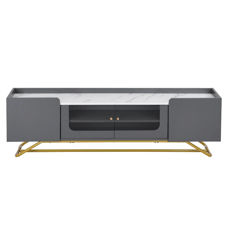 TV Stand with Fluted Glass, Entertainment Center for TVs Up to 70, Faux Marble Top TV Console Table with Gold Frame Base
