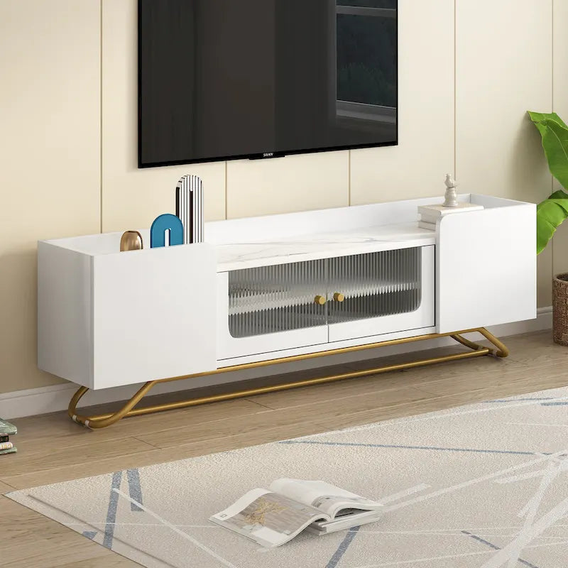 TV Stand with Fluted Glass, Entertainment Center for TVs Up to 70, Faux Marble Top TV Console Table with Gold Frame Base