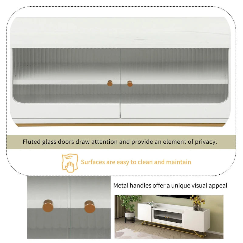 TV Stand with Fluted Glass, Entertainment Center for TVs Up to 70, Faux Marble Top TV Console Table with Gold Frame Base