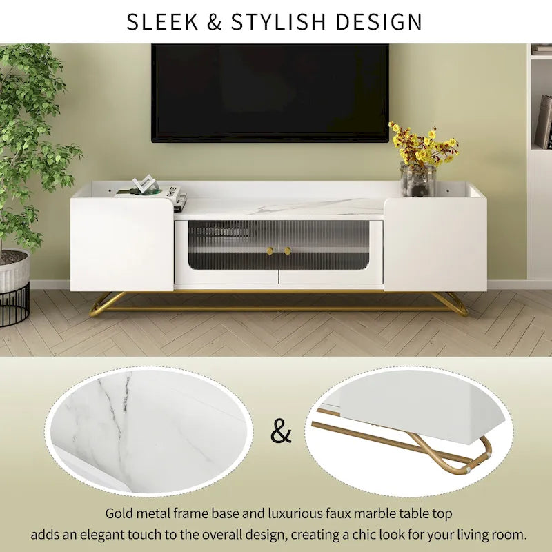 TV Stand with Fluted Glass, Entertainment Center for TVs Up to 70, Faux Marble Top TV Console Table with Gold Frame Base