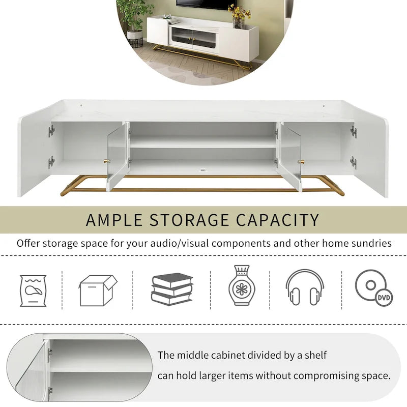 TV Stand with Fluted Glass, Entertainment Center for TVs Up to 70, Faux Marble Top TV Console Table with Gold Frame Base