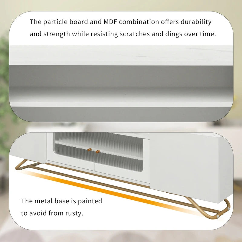 TV Stand with Fluted Glass, Entertainment Center for TVs Up to 70, Faux Marble Top TV Console Table with Gold Frame Base
