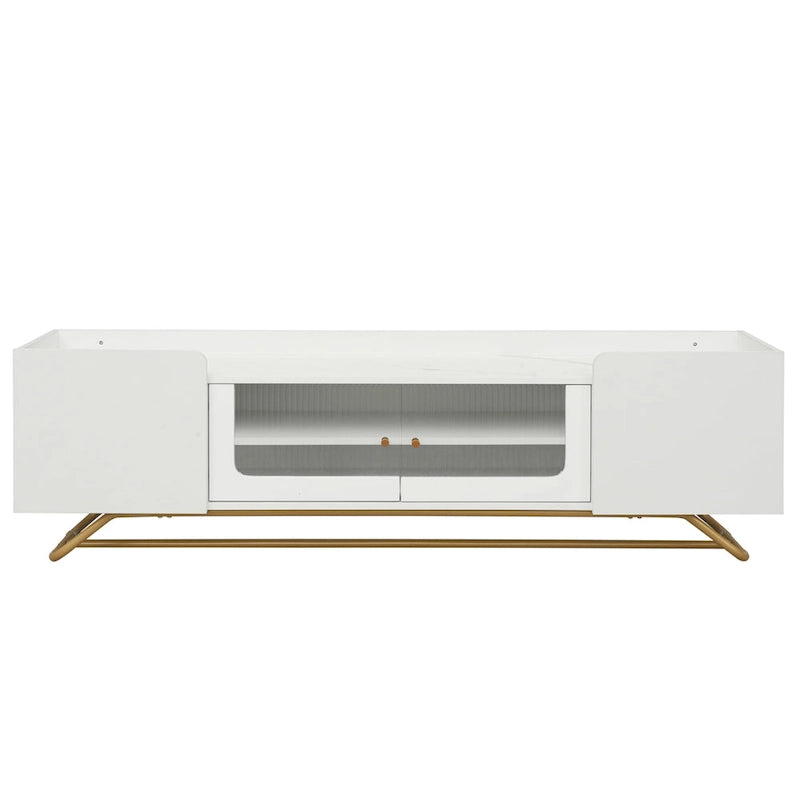 TV Stand with Fluted Glass, Entertainment Center for TVs Up to 70, Faux Marble Top TV Console Table with Gold Frame Base