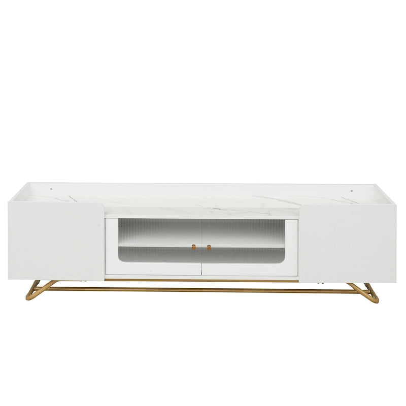 TV Stand with Fluted Glass, Entertainment Center for TVs Up to 70, Faux Marble Top TV Console Table with Gold Frame Base