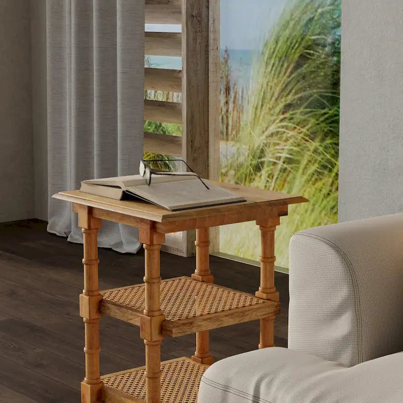 Carolina Living Chesterfield Wood & Cane 3 Shelf Side Table - Natural