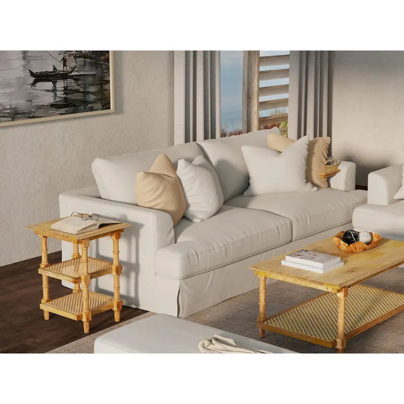 Carolina Living Chesterfield Wood & Cane 3 Shelf Side Table - Natural