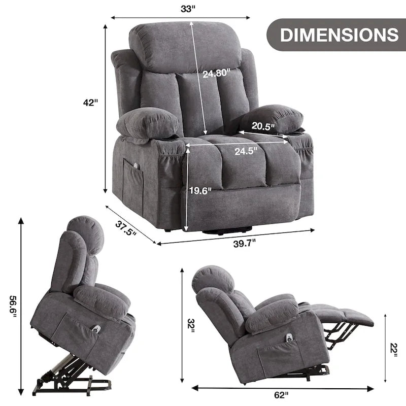 Power Lift Chairs Recliners, Heat & Massage, USB Port, Remote Control