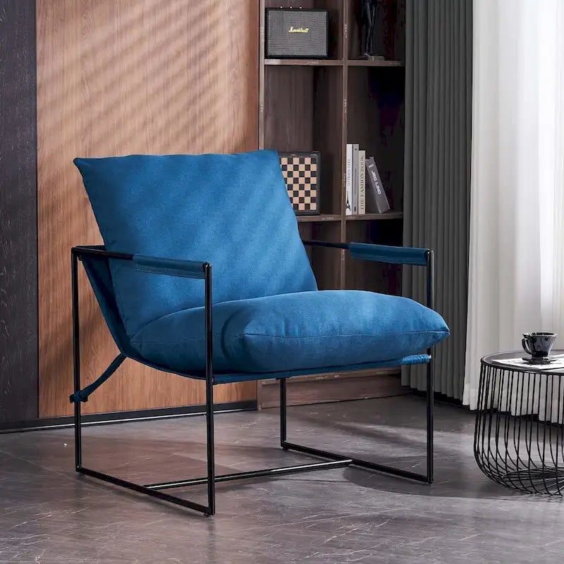 Modern Accent Linen Sling Chair Indoor for Living Room Bedroom and Office Metal Framed Armchair with Soft Bag Cushion