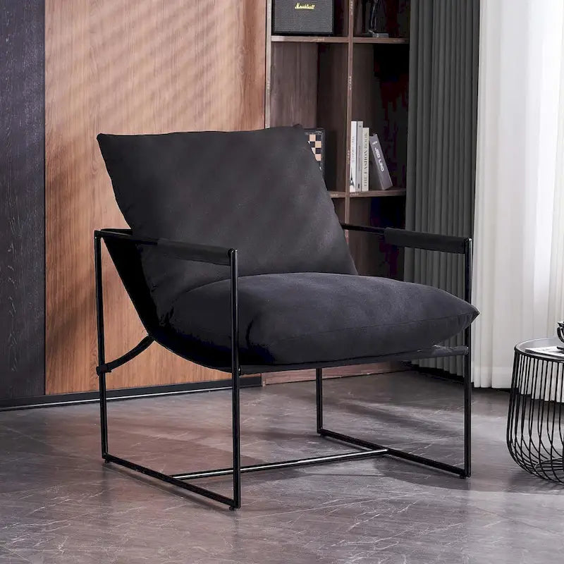 Modern Accent Linen Sling Chair Indoor for Living Room Bedroom and Office Metal Framed Armchair with Soft Bag Cushion