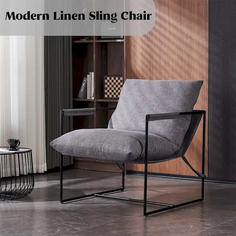 Modern Accent Linen Sling Chair Indoor for Living Room Bedroom and Office Metal Framed Armchair with Soft Bag Cushion