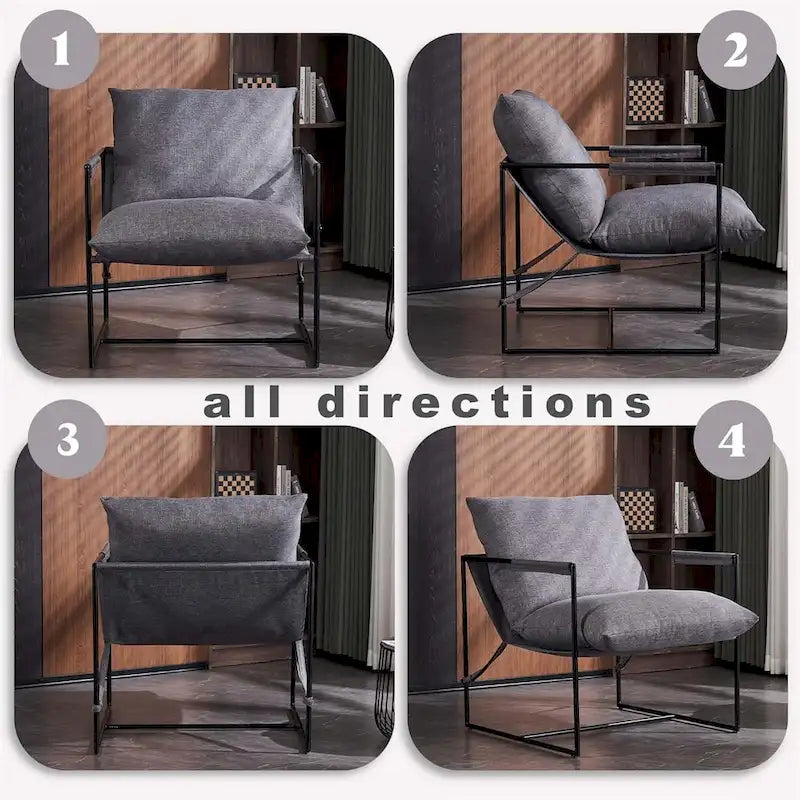 Modern Accent Linen Sling Chair Indoor for Living Room Bedroom and Office Metal Framed Armchair with Soft Bag Cushion