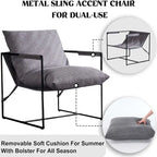 Modern Accent Linen Sling Chair Indoor for Living Room Bedroom and Office Metal Framed Armchair with Soft Bag Cushion