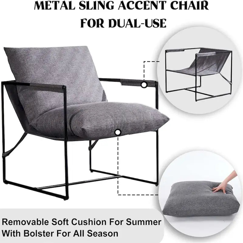 Modern Accent Linen Sling Chair Indoor for Living Room Bedroom and Office Metal Framed Armchair with Soft Bag Cushion