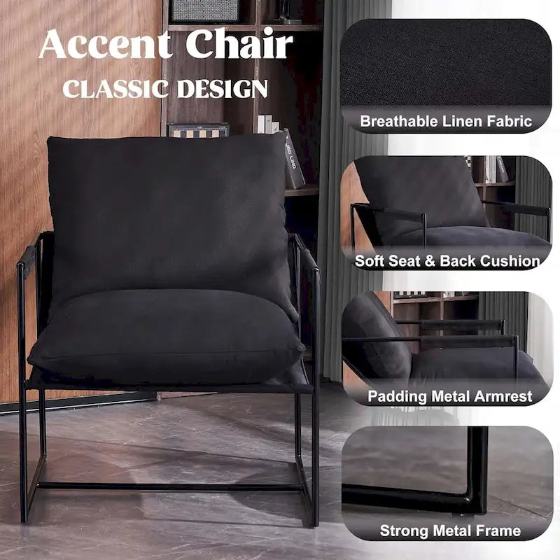 Modern Accent Linen Sling Chair Indoor for Living Room Bedroom and Office Metal Framed Armchair with Soft Bag Cushion