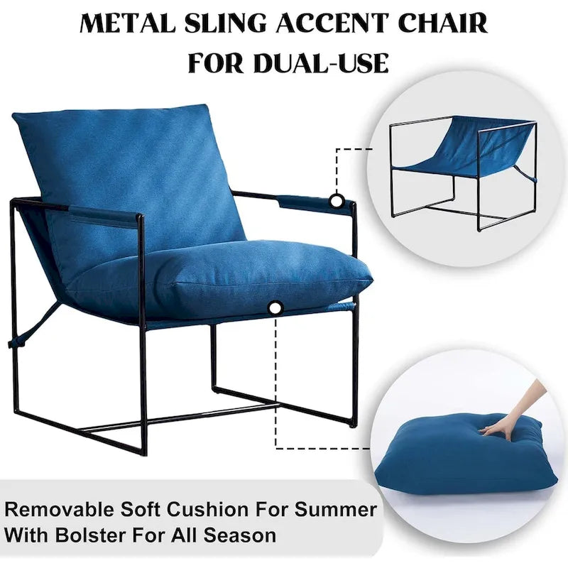 Modern Accent Linen Sling Chair Indoor for Living Room Bedroom and Office Metal Framed Armchair with Soft Bag Cushion