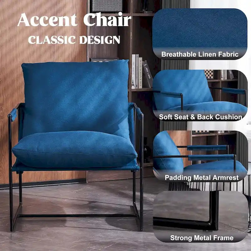 Modern Accent Linen Sling Chair Indoor for Living Room Bedroom and Office Metal Framed Armchair with Soft Bag Cushion