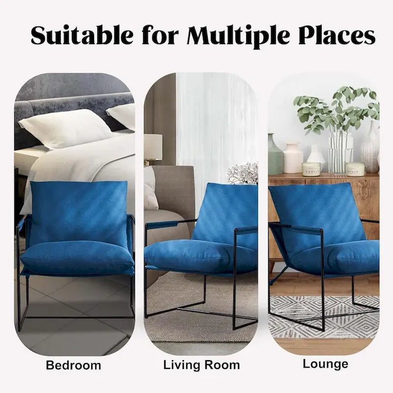 Modern Accent Linen Sling Chair Indoor for Living Room Bedroom and Office Metal Framed Armchair with Soft Bag Cushion