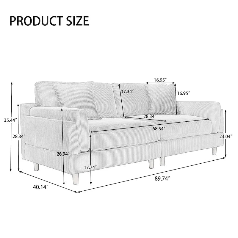 Modern 90 inch Sofa Comfy Corduroy Deep Seats Sofa