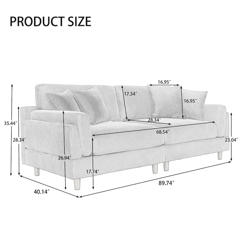 Modern 90 inch Sofa Comfy Corduroy Deep Seats Sofa