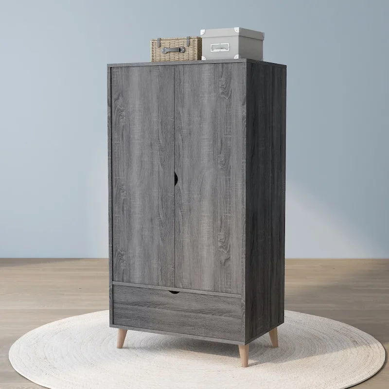 DH BASIC Minimalist Mid-Century Modern Distressed Grey 1-Drawer Wardrobe Armoire by Denhour