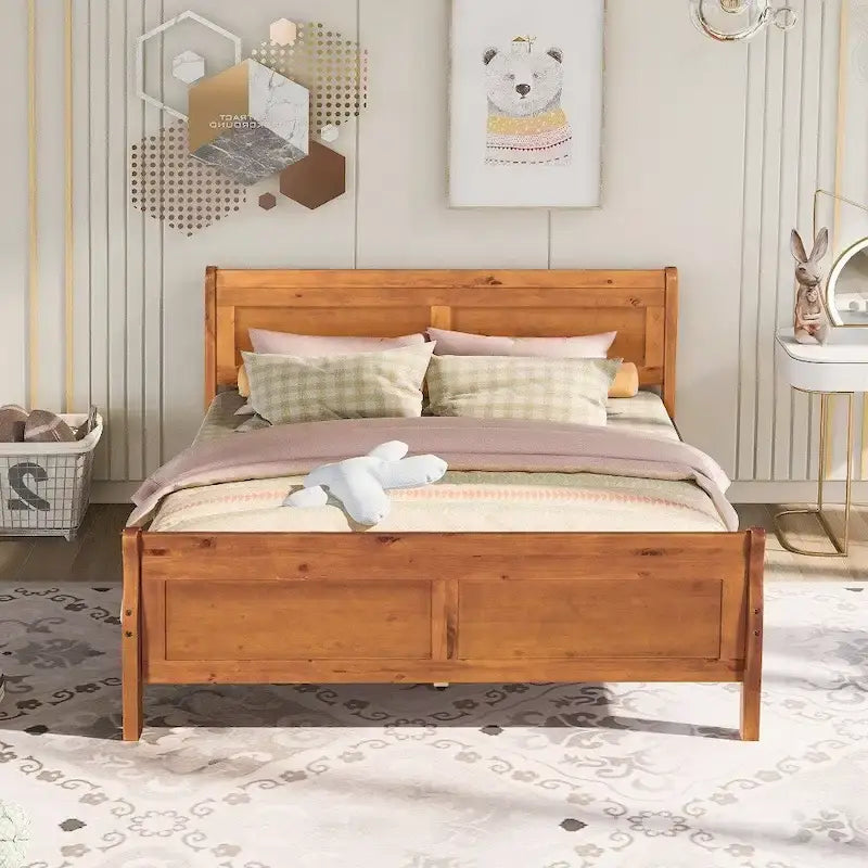 Wooden Slat Support Wood Platform Bed with Headboard
