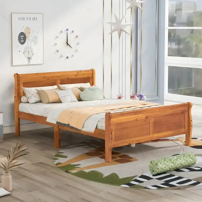 Wooden Slat Support Wood Platform Bed with Headboard