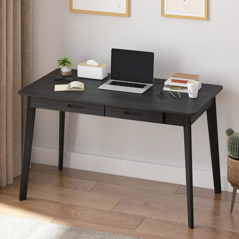 Timechee Black Wooden Computer Desk, 47 Writing Desk with 2 Drawers