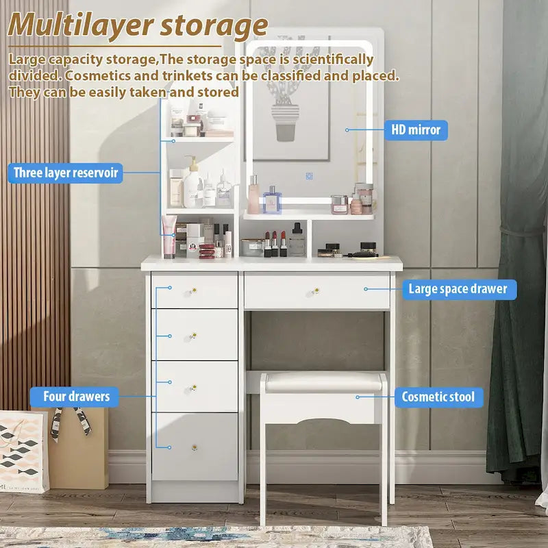 Timechee 31.5 Wide Makeup Vanity Set with Stool and Mirror