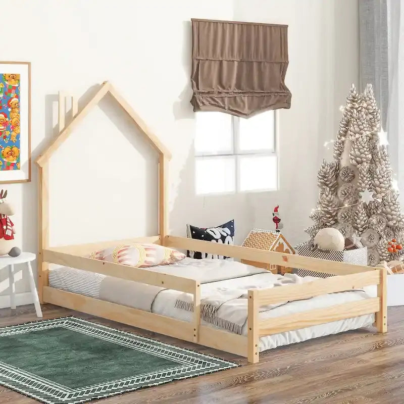 Wood bed with House-shaped Headboard