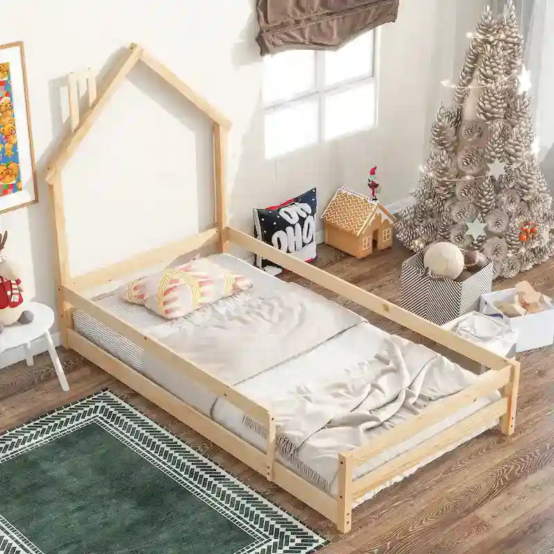 Wood bed with House-shaped Headboard