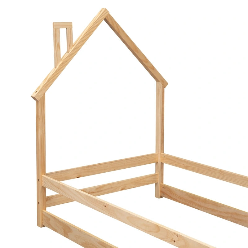 Wood bed with House-shaped Headboard