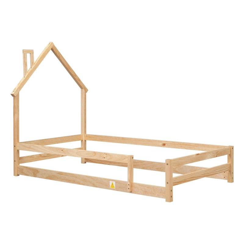 Wood bed with House-shaped Headboard
