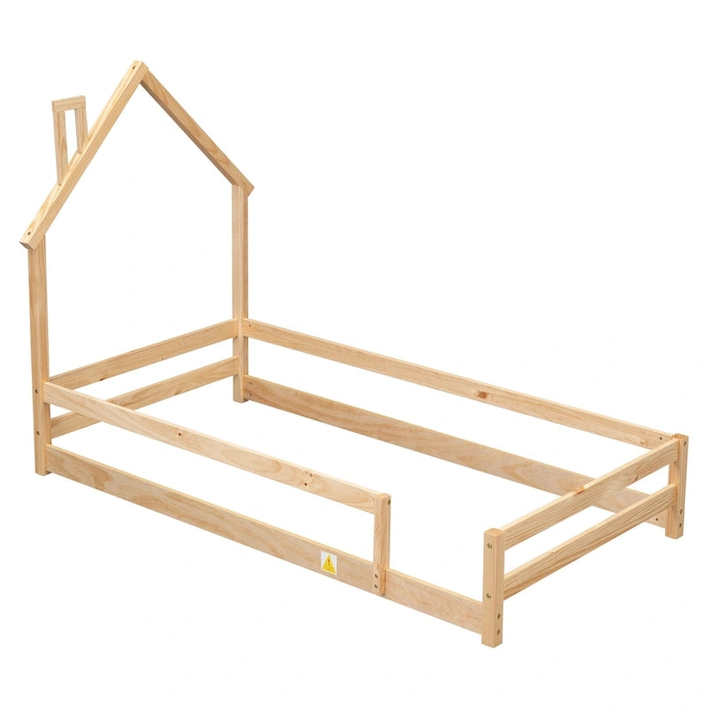 Wood bed with House-shaped Headboard