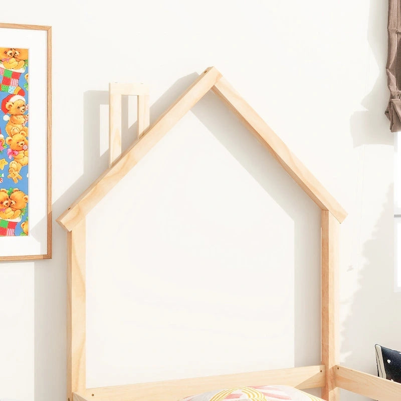 Wood bed with House-shaped Headboard