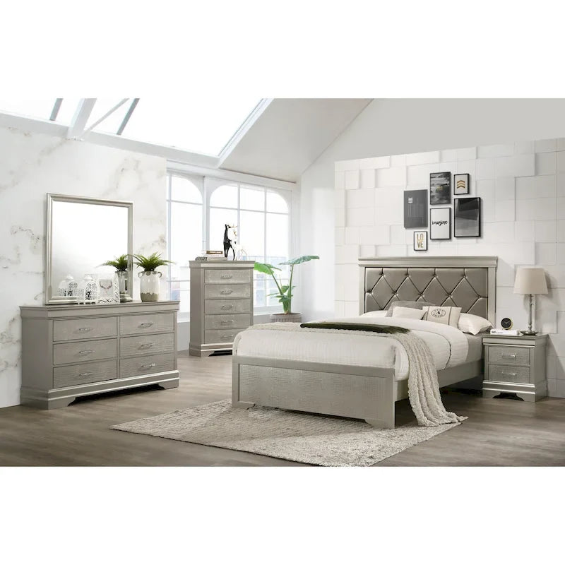 Sigurd 4 Piece Silver Faux Leather Upholstered Tufted Panel Bedroom Set