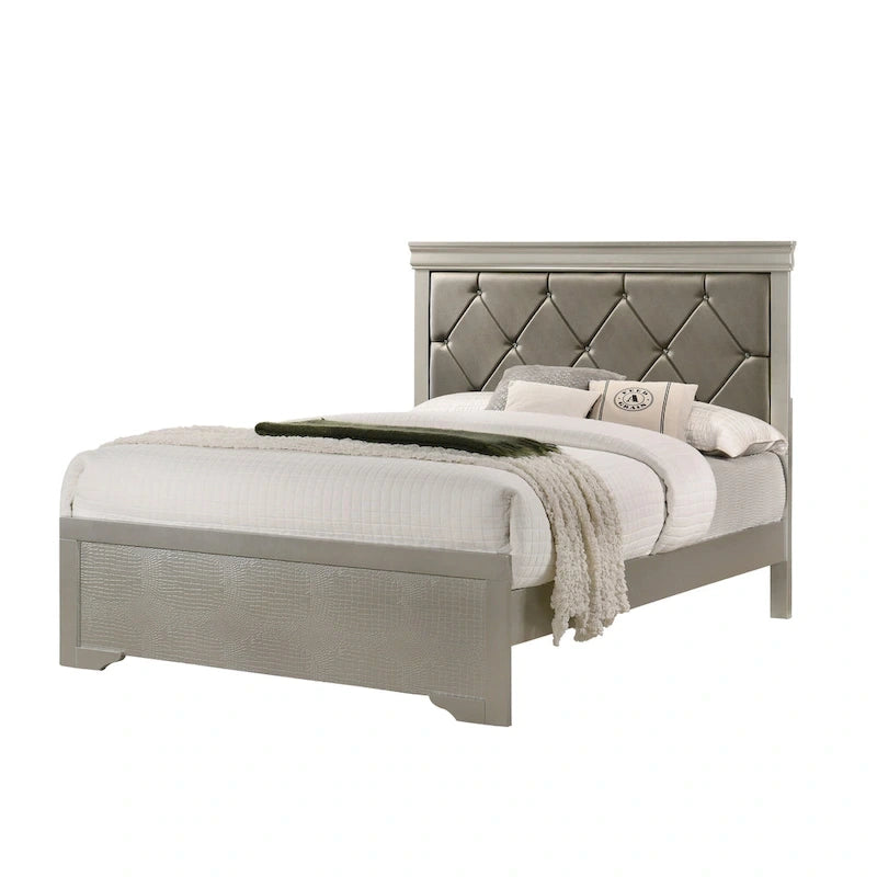 Sigurd 4 Piece Silver Faux Leather Upholstered Tufted Panel Bedroom Set