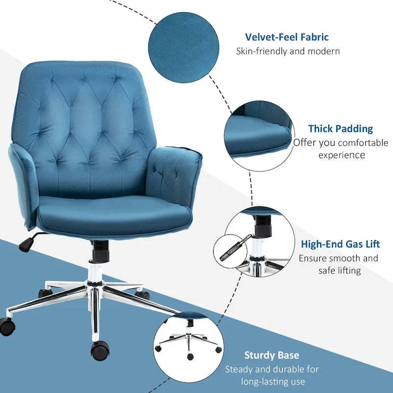 Vinsetto Modern Mid-Back Tufted Velvet Home Office Desk Chair with Arms, Swivel Adjustable Accent Chair with Soft Seat
