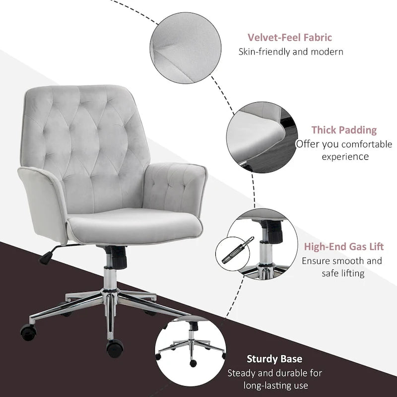 Vinsetto Modern Mid-Back Tufted Velvet Home Office Desk Chair with Arms, Swivel Adjustable Accent Chair with Soft Seat